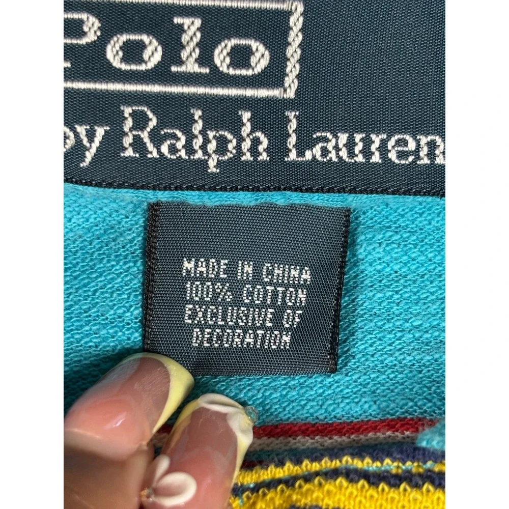 Polo Ralph Lauren Mens Large Turquoise Blue Multi Color Striped Polo Shirt L